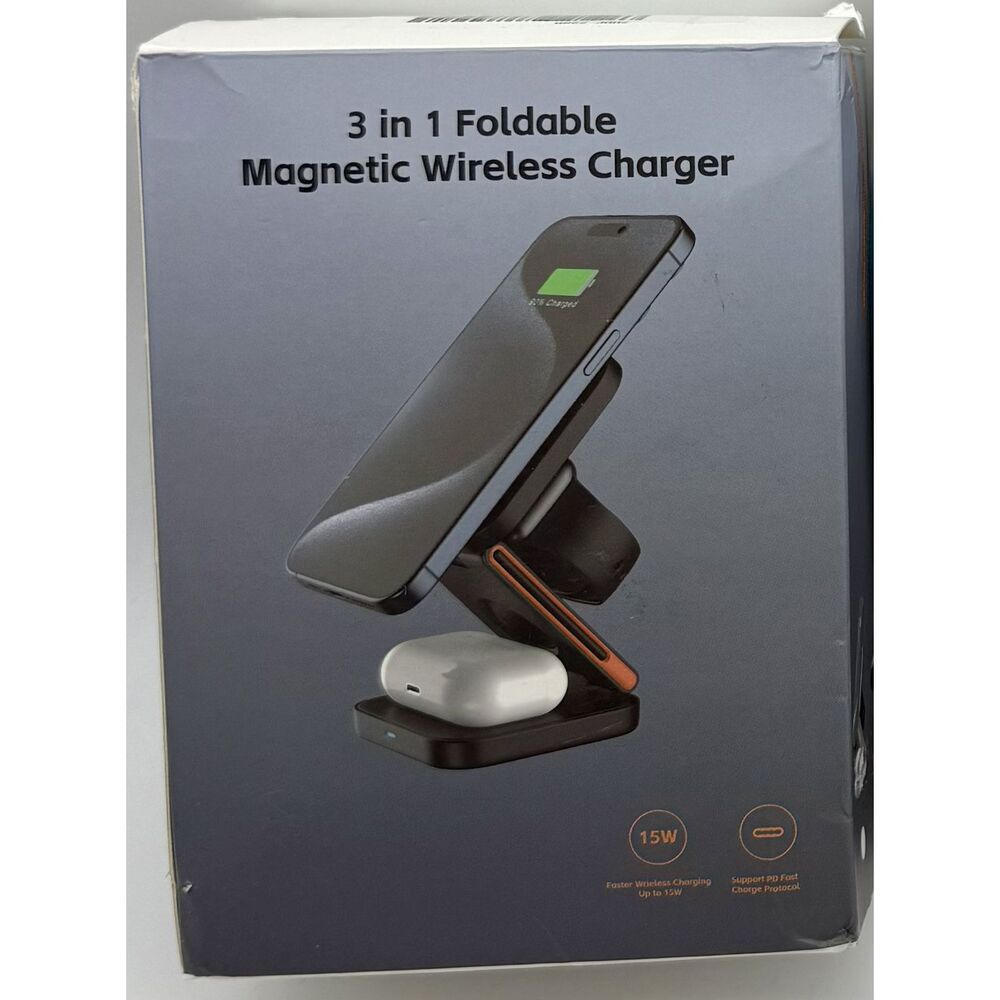 Foldable 3-in-1 Magnetic Wireless Charging Station Black With Carrying‎ Case